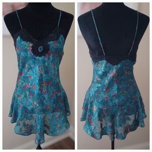 Victoria's Secret Vintage Gold Label Teal Blue Floral Chemise  ** SZ P